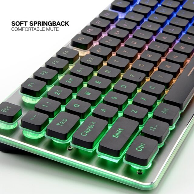 Gaming Keyboard Colorful LED Quiet Keyboard All-Metal Panel USB Wired